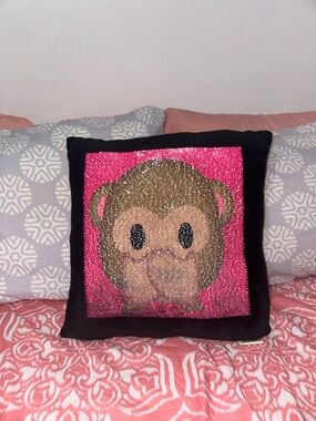 Reversible Sequin Monkey Emoji Throw Pillow